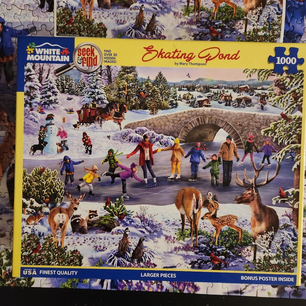 WHITE MOUNTAIN 1,000-PC JIGSAW PUZZLE SEEK N FIND W/POSTER SKATING POND COMPLETE